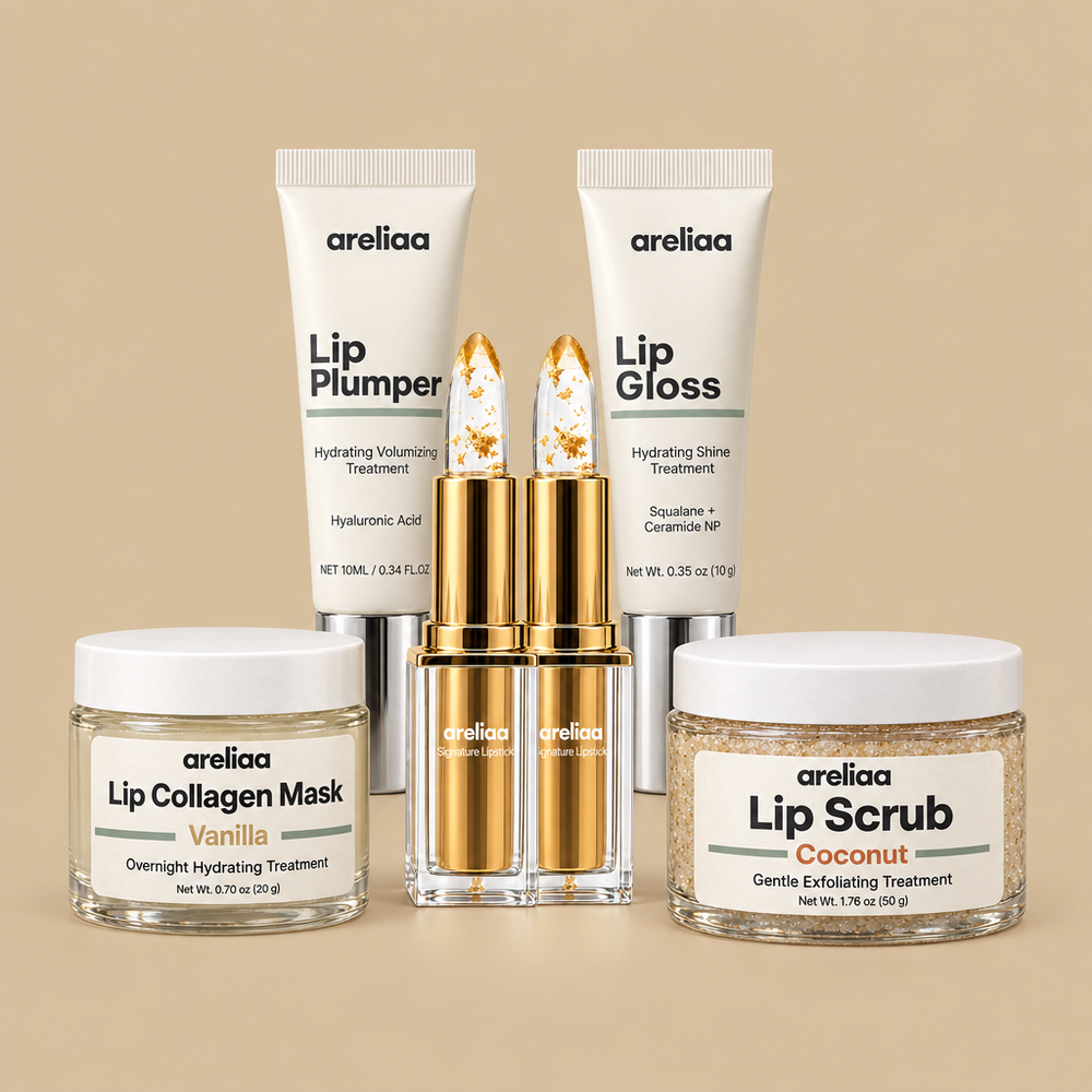 The Complete Lip Kit: Lip Scrub · Lip Collagen Mask · Lip Plumper · 2 Signature Lipsticks · Lip Gloss