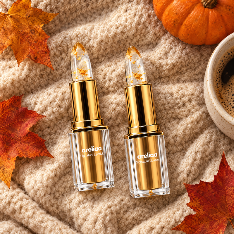 Two Areliaa Signature Lipsticks on a knit blanket with autumn leaves