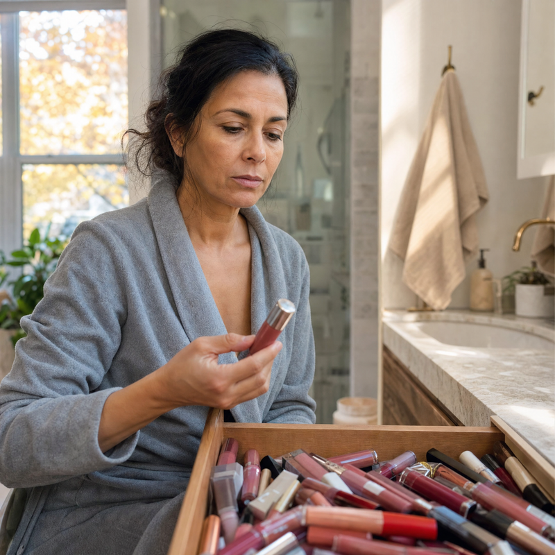 Woman looking at a drawer of old lipsticks