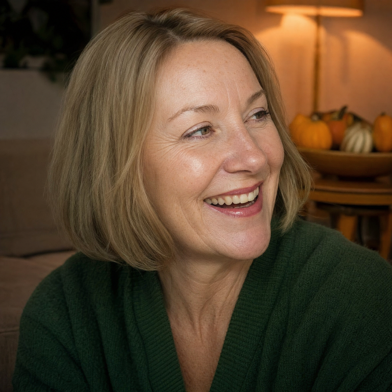 Woman laughing at home, natural lip color with clean edges