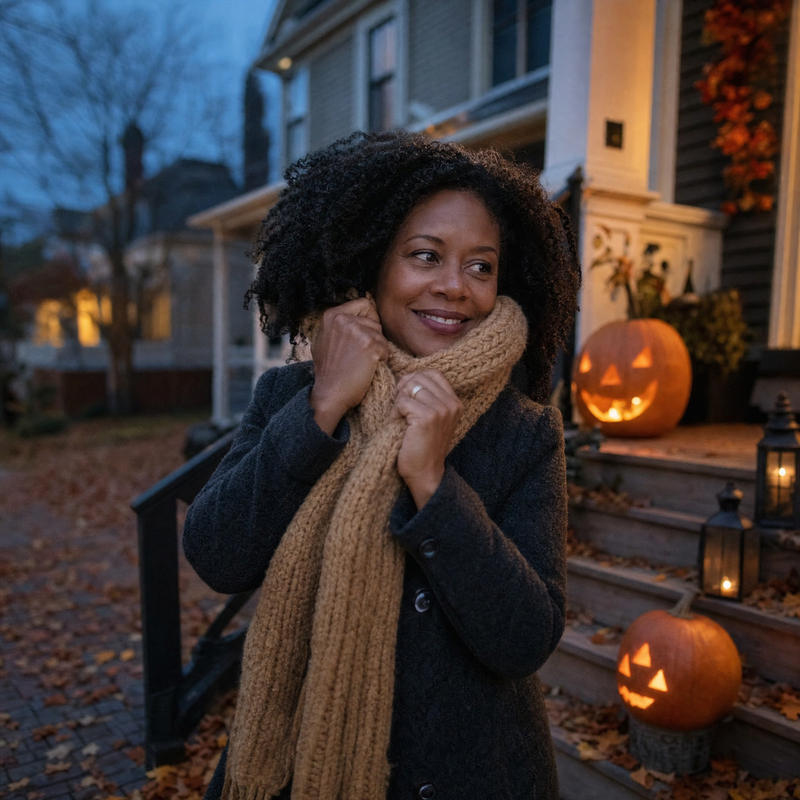Woman on a porch with pumpkins at dusk, wrapping her scarf
