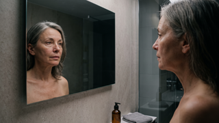 Woman looking at her neck in the bathroom mirror