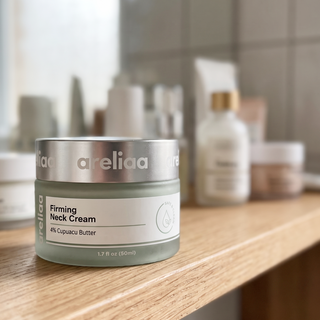 Neck cream jar on a bathroom shelf