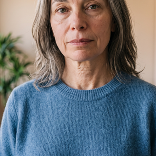 Woman in a blue sweater, neck uncovered
