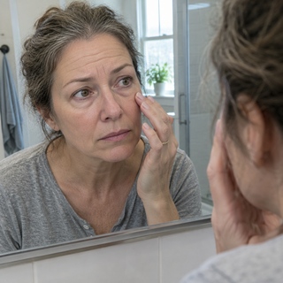 Woman at the mirror touching dry skin under her eye