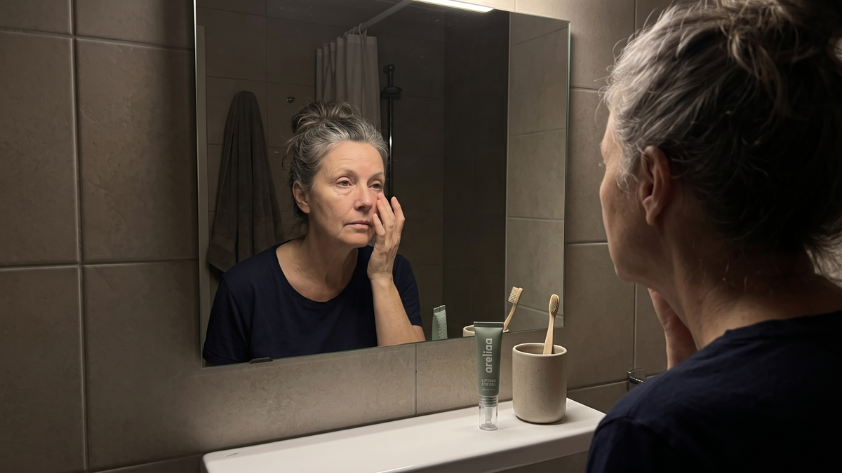 Woman at the bathroom mirror touching the skin under her eye