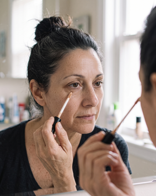 Woman at the mirror applying concealer