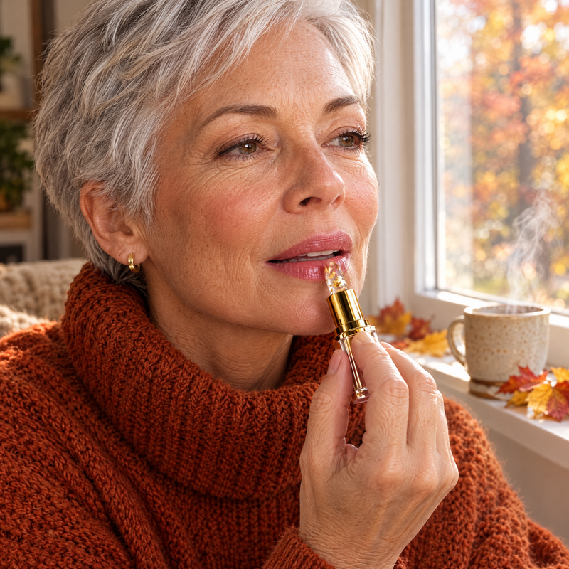 Woman applying the Areliaa Signature Lipstick on a fall morning
