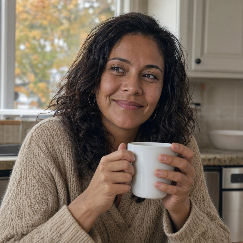 Woman holding a coffee mug in her kitchen, no lipstick marks