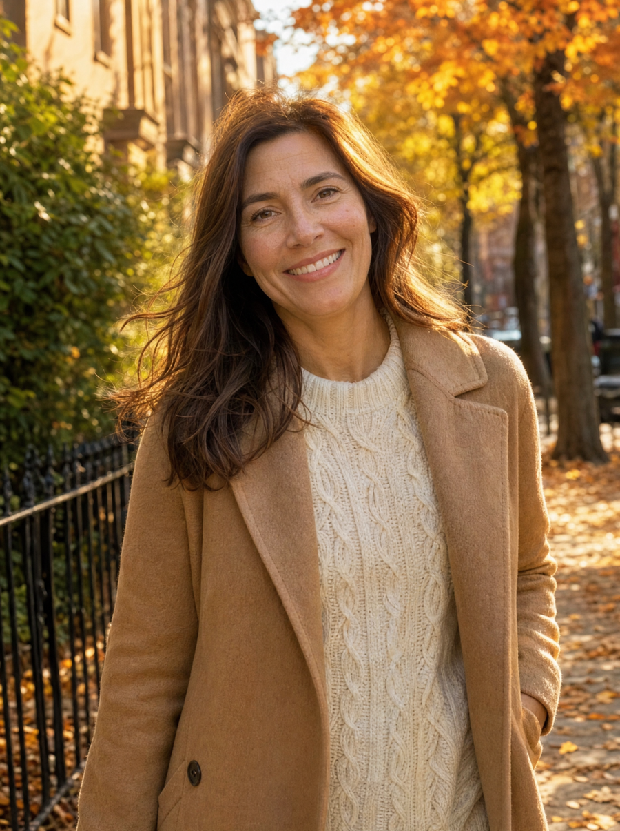 Woman walking on a fall street, smiling