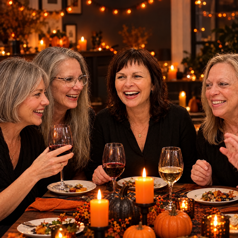 Women over 50 laughing at a Halloween dinner