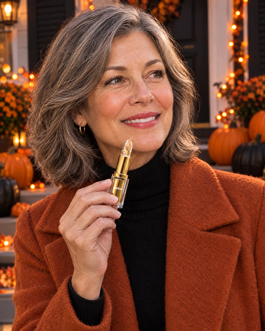 Woman over 50 holding the Areliaa Signature Lipstick on a Halloween porch