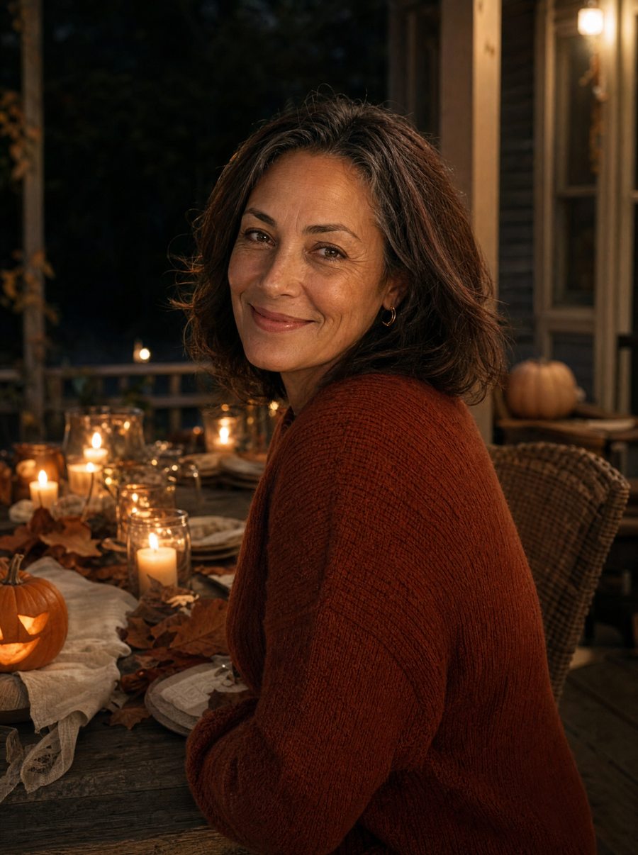 Woman smiling at a candlelit autumn table with pumpkins