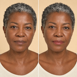 Same woman, bare lips on the left and her own soft rose tone on the right