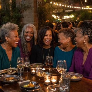 Five women laughing around a restaurant dinner table