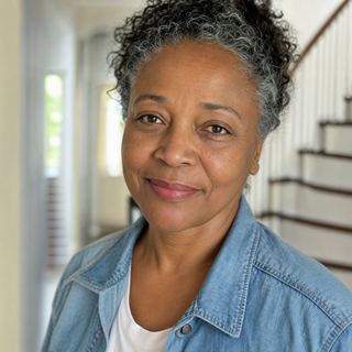 Woman in a denim jacket in a bright hallway in the morning