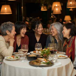 Friends laughing at a dinner table wearing Areliaa Signature Lipstick
