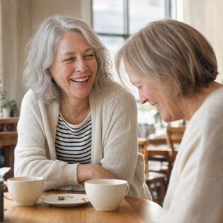 Laughing with a friend at a cafe table