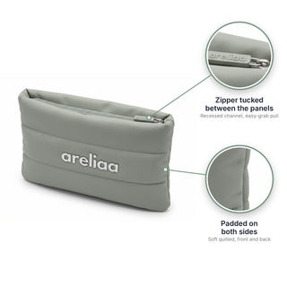 Areliaa Puffer Pouch: padded panels and recessed zipper, close-up
