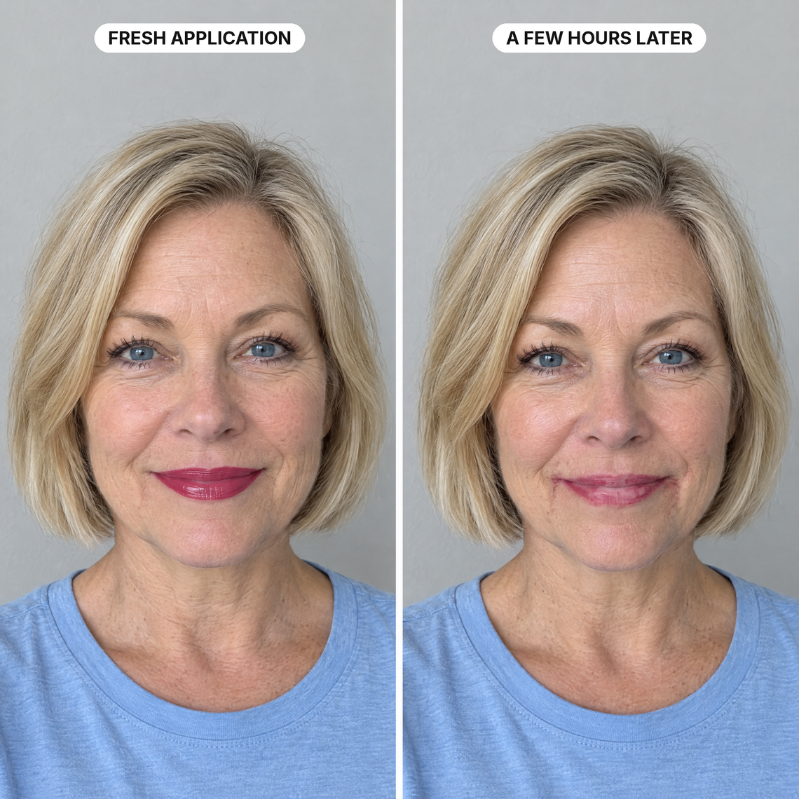 A creamy lipstick freshly applied, and the same lipstick feathered into the lines around the mouth a few hours later