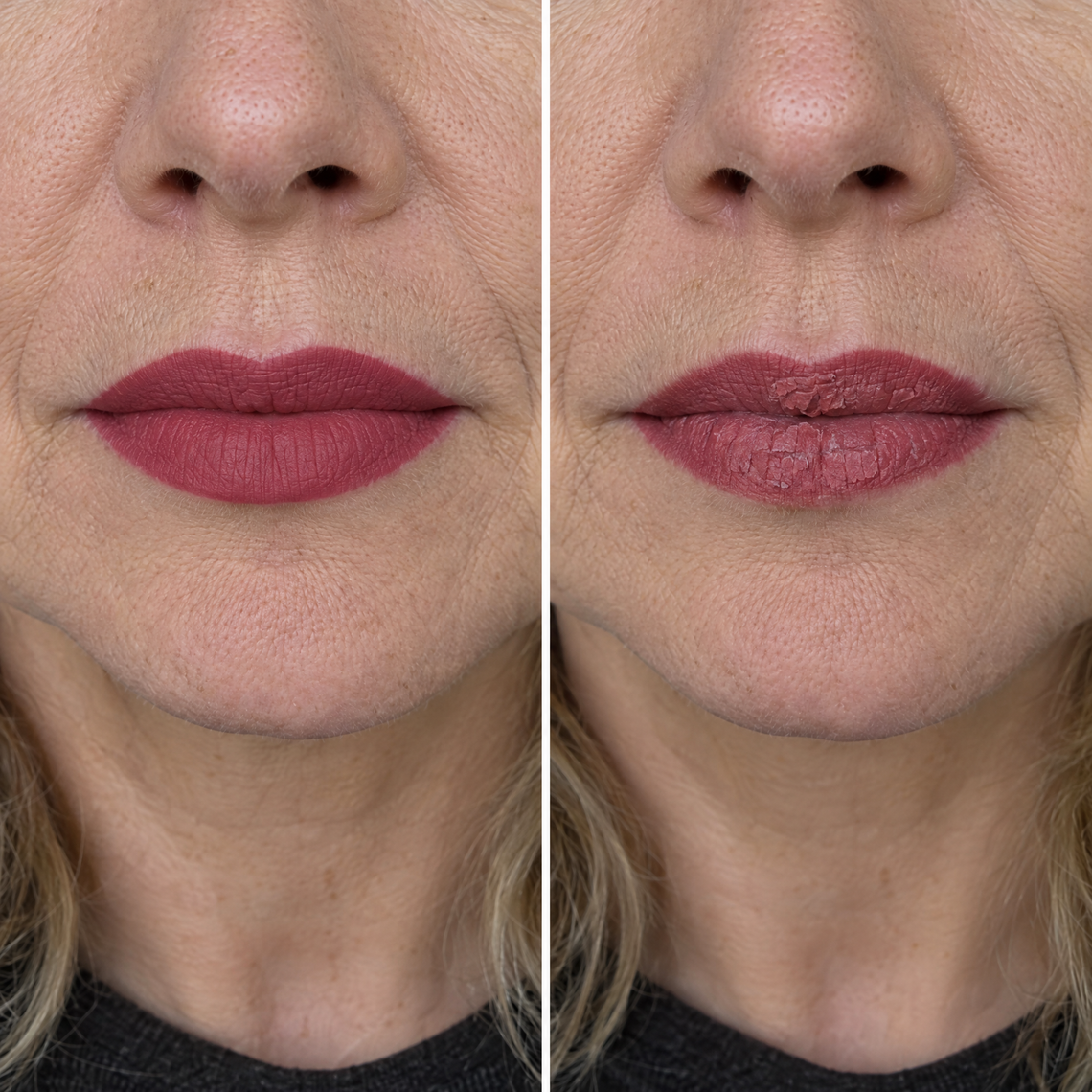 A matte lipstick freshly applied, and the same lipstick cracked and settled into lip lines hours later